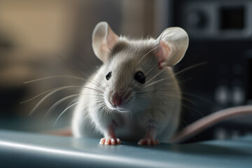 A portrait of a cute gray mouse in a laboratory. Created with Generative AI.