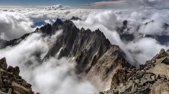 Beautiful landscape of the cloudy mountain summit, Generative AI © Juho
