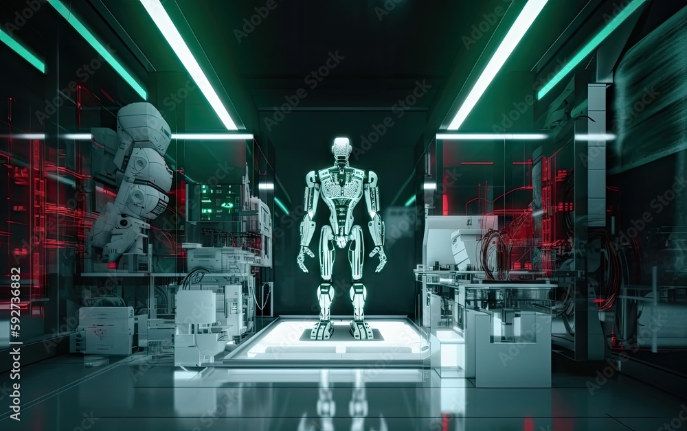 Poster mechanized industry robot and robotic arms for assembly in factory production created with generativ
