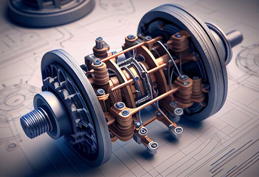 3D Illustration. Von Mises stress isometric view of car suspension hub on top of engineering technical drawing. Generative AI