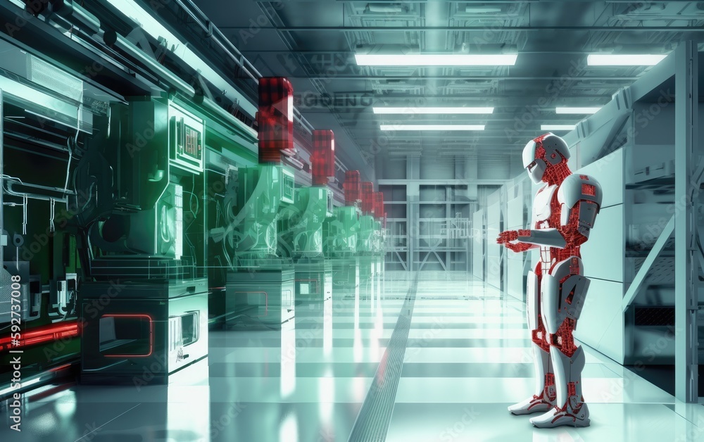 Poster mechanized industry robot and robotic arms for assembly in factory production created with generativ