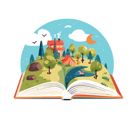 Reading book under trees in nature meadow