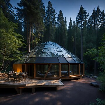 A modern geodesic dome with a skylight ceiling, a comfortable futon, a mini-bar, and a private outdoor fire pit, nestled in a secluded forest clearing.

Generative AI