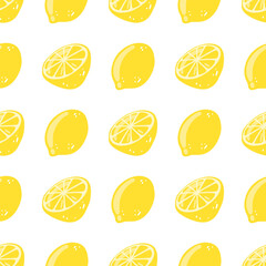 Seamless pattern with hand drawn cut and whole lemons. Vector background with tasty citrus fruit for wrapping paper, textile, print, card