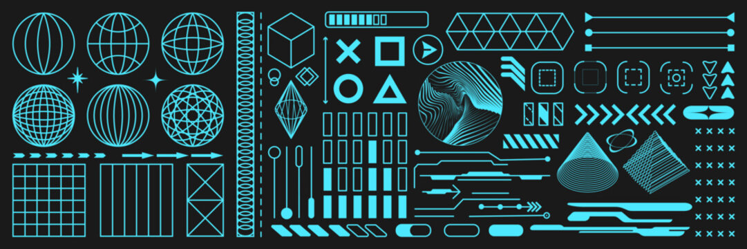 Retrofuturistic geometry elements set with icons and digital shapes for apparel, t-shirt, merch, posters, covers, flyers. Vector elements set vaporwave and y2k style abstract shapes.
