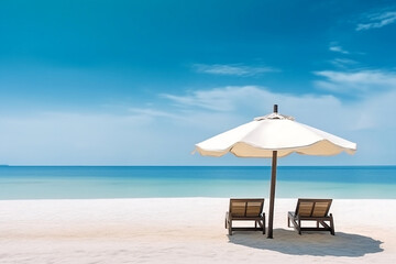 beach chairs and umbrella on the beach. Generative AI