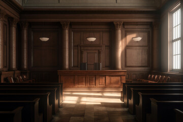 Fototapeta na wymiar courtroom with benches, a judge's bench, and a witness stand, generative ai