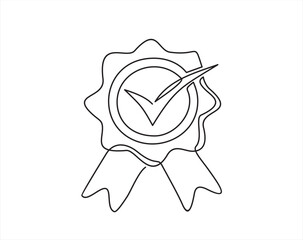 continuous one line drawing of icon Certificate Badge vector illustration, badge warranty icon with checklist and ribbon
