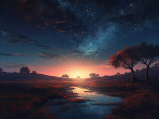 Obraz na płótnie Canvas Starry Nightfall: Digital Illustration of a Celestial Landscape at Dusk