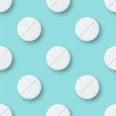 Vector Seamless Pattern with 3d Realistic White Round Pharmaceutical Medical Pill, Capsule, Tablet Closeup On Blue Background. Front View. Medicine, Health Concept