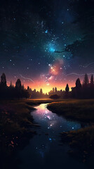 Starry Nightfall: Digital Illustration of a Celestial Landscape at Dusk