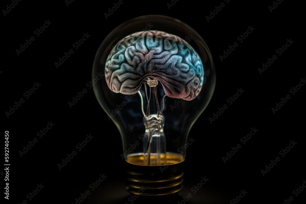 Poster the brain-shaped light bulb with a bright glowing filament represents the power of learning and the 