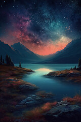Starry Nightfall: Digital Illustration of a Celestial Landscape at Dusk
