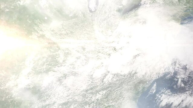 Earth zoom in from outer space to city. Zooming on Bowling Green, Kentucky, USA. The animation continues by zoom out through clouds and atmosphere into space. Images from NASA