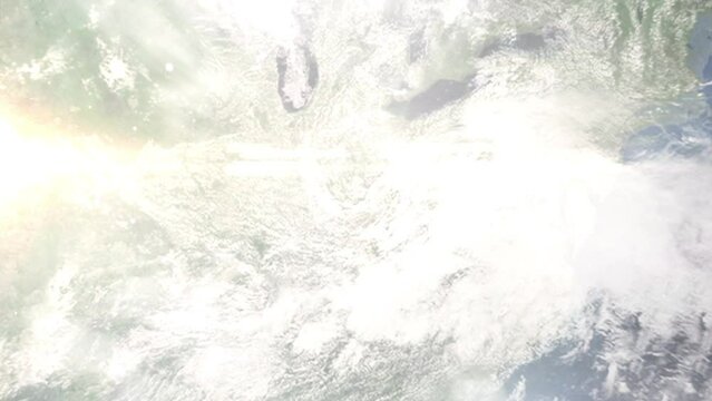 Earth zoom in from outer space to city. Zooming on Florence, Kentucky, USA. The animation continues by zoom out through clouds and atmosphere into space. Images from NASA