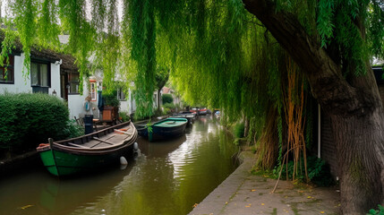 Obraz premium Little Venice with a willow tree and boats in a narrow canal