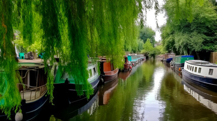 Fototapeta na wymiar Little Venice with a willow tree and boats in a narrow canal