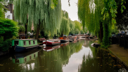 Little Venice with a willow tree and boats in a narrow canal