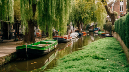 Little Venice with a willow tree and boats in a narrow canal