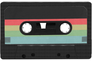 Black audio cassette with a colored label. High resolution isolated on a transparent background
