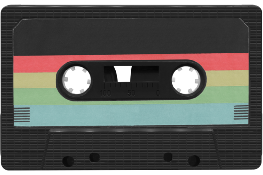 Black audio cassette with a colored label. High resolution isolated on a transparent background
