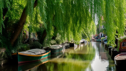 Obraz premium Little Venice with a willow tree and boats in a narrow canal