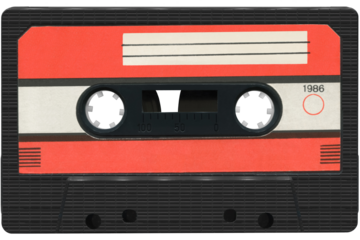Black audio cassette with a red label. High resolution isolated on a transparent background.