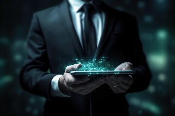 Business man with a mobile phone, holographic projections, azure atmosphere