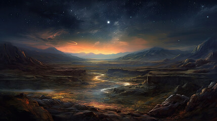 Starry Nightfall: Digital Illustration of a Celestial Landscape at Dusk