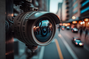 Fototapeta na wymiar CCTV Camera or surveillance operating on street and building at night. Neural network AI generated art