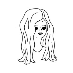 Female with eyes pathces in hand drawn doodle style. Vector illustration isolated on white. Coloring page.