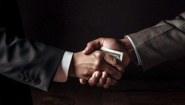 A handshake with a banknote sticking out of it. Bribery, corruption concept. Generative AI