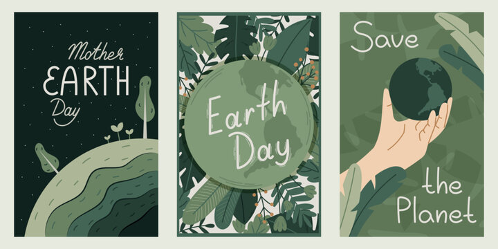 World Holiday Mother Earth Day. Three cartoon green vector banners. Save the Planet Concept, flat illustration of globe and green plants.