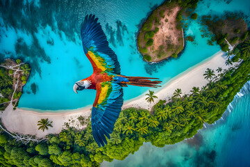 Parrot macaw flies over a tropical island. Neural network AI generated art