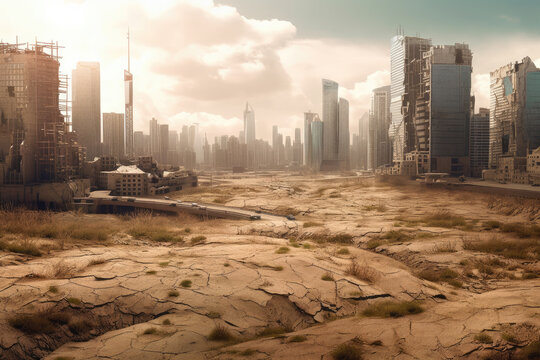 cracked ground in the city as clima crisis theme created with Generative AI technology