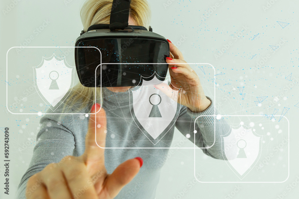 Poster cyber security and futuristic technology concept, scan password with technology icons and padlock, w