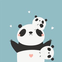 Vector illustration of cute young pandas climbing mom.
