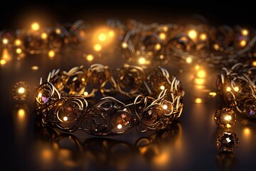 A Generative Christmas Gold Jewellery and Bead Decoration Lighted Holiday Wallpaper with a Reflection of Necklace, Bracelet, Candle and Ring, Generative AI