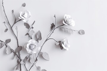 Elegant digital watercolor illustration, paper branch with white roses and leaves on white backdrop. Romantic abstract background with copy space. Generative AI.