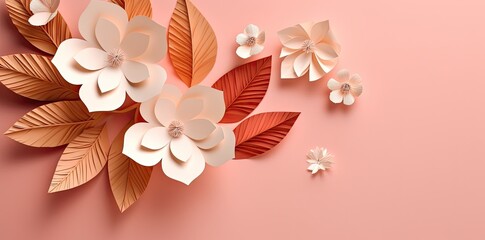 Pink and beige paper scattered flowers and leaves on pink backdrop. floral illustration with small flowers. generative ai.