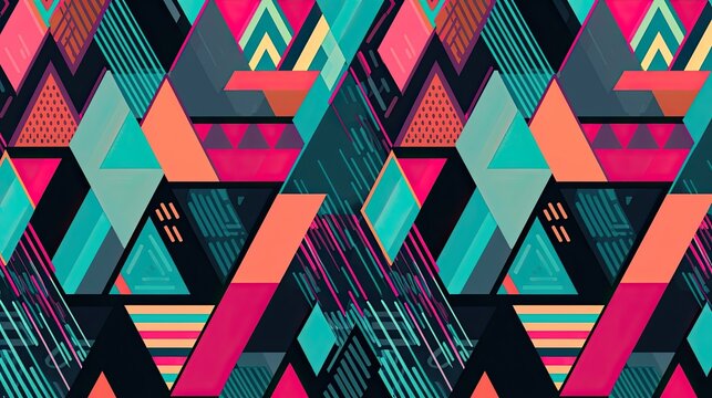Retro 90s & 80s Wallpaper: Triangles, Stripes & Other Abstract Shapes - Colourful Geometric Textures For Your Background: Generative AI
