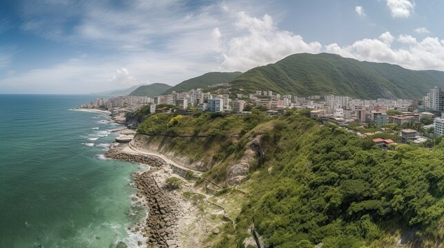 Serenity Above: Panoramic Aerial View of La Guaira's Vast Coastline, Caracas and the Caribbean Sea, Venezuela: Generative AI