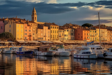 Obraz premium view of the town of coastal city created with Generative AI technology