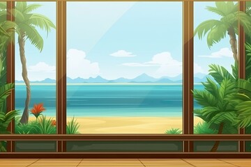 An open window overlooking a tropical seascape. Generative AI