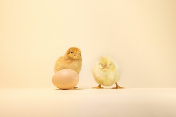 Baby chickens near an egg on a yellow background