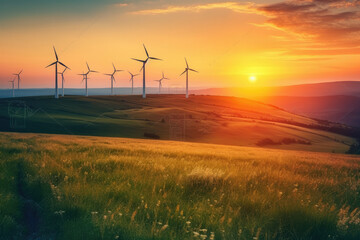 Obraz premium wind turbines at sunset created with Generative AI technology