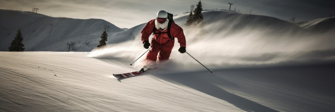 Santa Claus with a white beard in glasses and a helmet descends a snowy high slope with gifts for Christmas . Generative AI