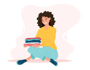 Young smiling Woman sitting on the floor Holding a Stack of clothes. Vector isolated flat people illustration.