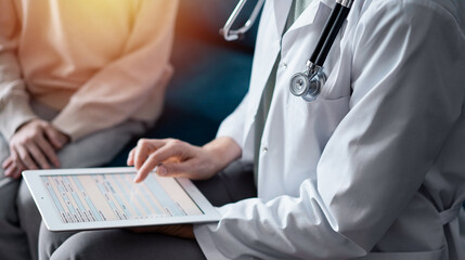 Doctor woman and kid boy patient at home. The pediatrician using tablet computer while filling up medical records, close up. Medicine, healthcare concept