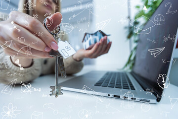 Quantitative analyst is drawing different math formulas on the glass screen.